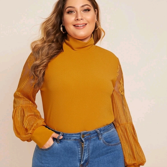 Plus Size High Neck Lace Bishop Sleeve Top - Picture 8 of 9